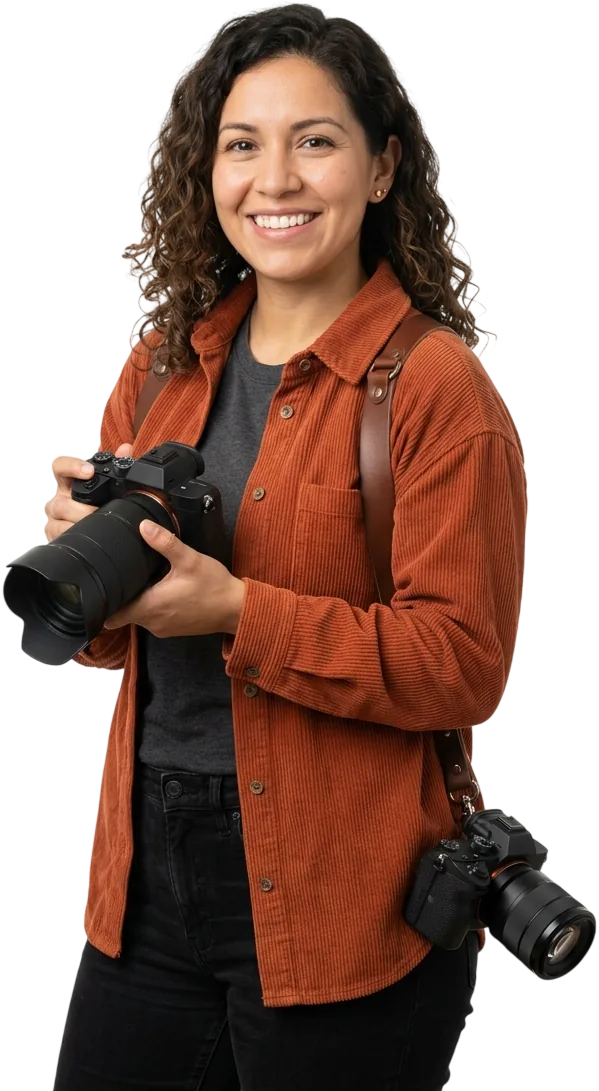 A smiling photographer in a rust corduroy shirt holding a camera, with a second camera on a leather strap at her hip.