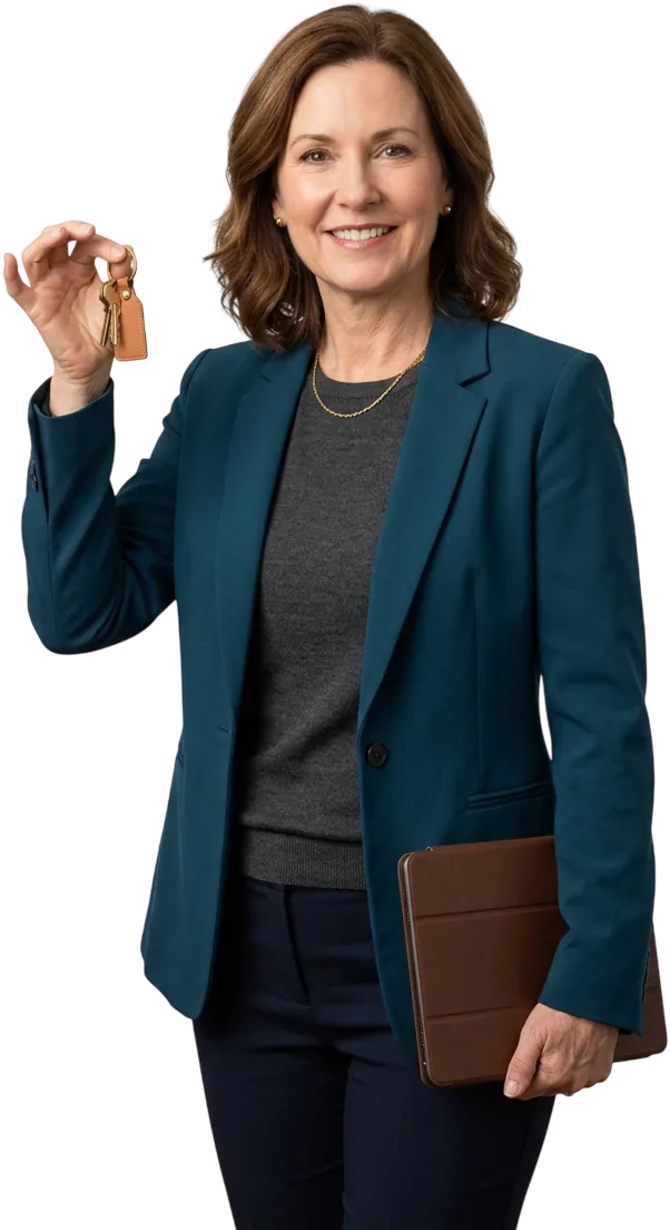 A smiling real estate agent in a teal blazer holding up a ring of house keys, a tablet in a leather case in her other hand.