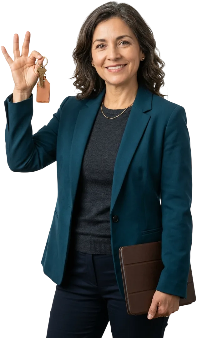 Una agente de bienes raíces sonriente, con un blazer verde azulado, sostiene en alto, entre el pulgar y el índice, un llavero con llaves de casa y, en la otra mano, una tableta con funda de cuero.