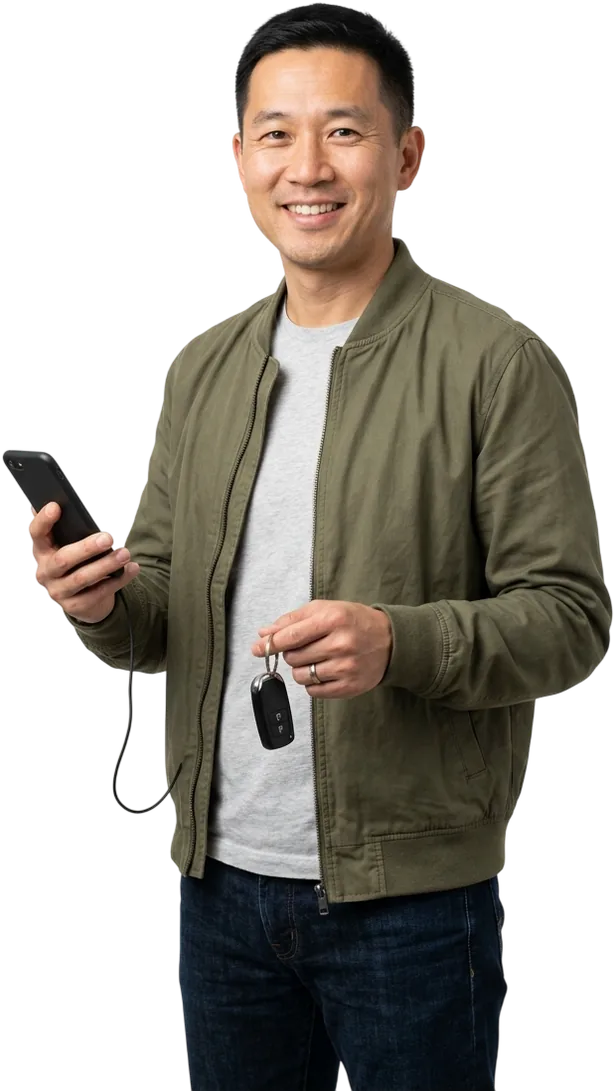 A smiling rideshare driver in an olive bomber jacket holding his phone, a car key fob hanging from his other hand.