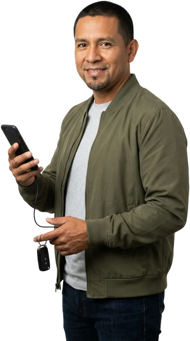Un conductor de app de transporte, sonriente y con una chaqueta bomber verde oliva, sostiene su teléfono; de la otra mano le cuelga la llave del carro.