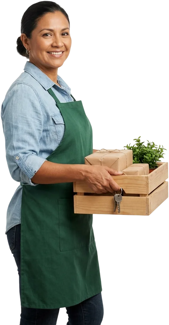 Una comerciante lleva a un costado una caja de madera con suministros y una planta, con las llaves colgando de la mano que la sujeta.